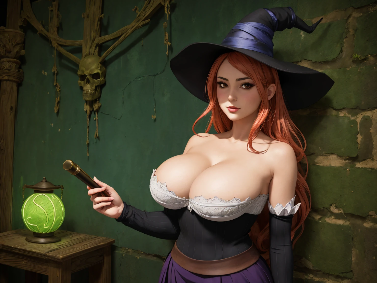 semi-realistic, anime style, 1woman reading an old scroll, she is naughty with a voluptuous pretty body, rounded sagging breast, cleavage, neon lighting, dcSorcwitch hat, strapless dress, detached sleeves, FanUn, highly detailled backround, in abandonned subway, a fantasy underground laboratory, with cauldron, fireplace, torch lights on walls, scroll, grimoire, skeleton, moss on the wall, we can read "Witch" on the wall.