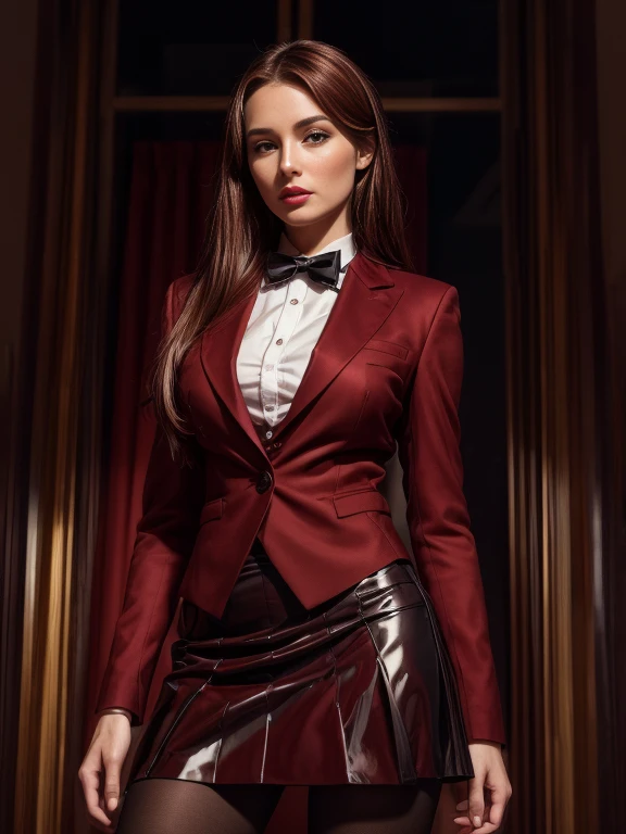 (absurdres, highres, ultra detailed), masterpiece, arafed woman, ((solo)), long dark red hair, 1girl, skirt suit, tuxedo, black jacket, waistcoat, black bowtie, bodycon skirt, black clothing, miniskirt, closed mouth, standing, (((detailed lips))), ((realistic skin)), glowing skin, ((glossy red lips)), portrait, beautiful, normal skin,