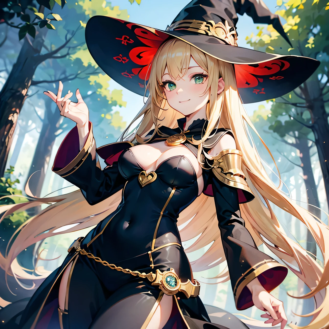 Anime Moe Art Style,highest quality,High resolution,Anatomically correct,One Woman,Twenty years old,Blonde,Super long hair,Straight Hair,Green Eyes,Super detailed,Fantasy Style,witch,White hat with gold trim,White cloak with gold trim,A long black dress,Medium sized breasts,smile,Calm expression,in the forest,Drawing a magic circle,Beautiful posture,8K