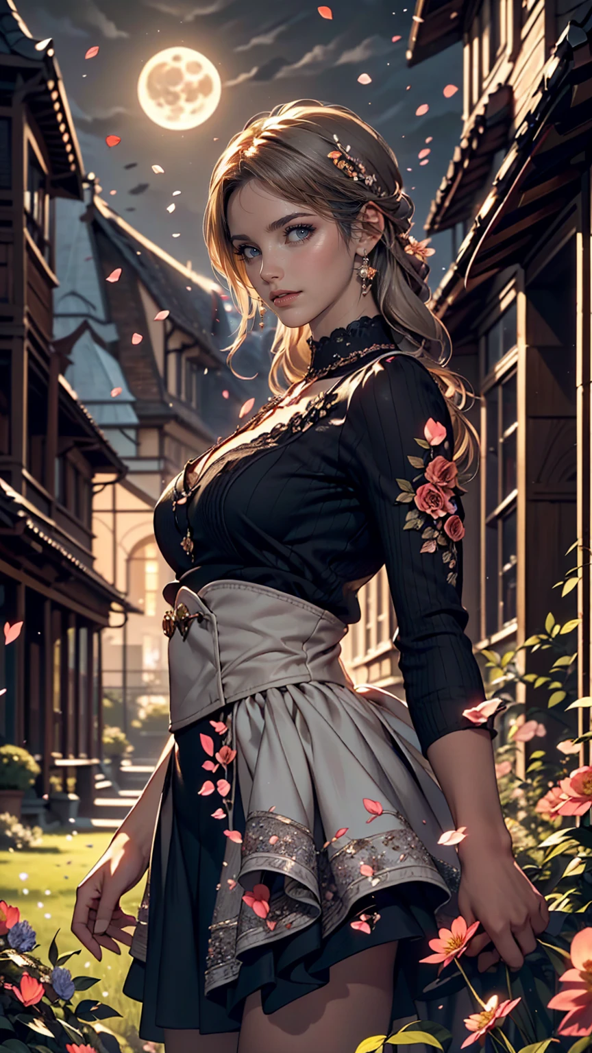 masterpiece, highest quality,, One girl, (colorful),(Beautifully detailed eyes and face),cinematic Lighting,Bust Shot,Highly detailed CG Unity 8k wallpaper,Gray Hair,alone,smile,Complex skirt,((Flying petals)),(Flowery meadow), null, cloudy_null, building, moonLight, moon, night, (Dark Theme:1.3), Light, Fantasy,,