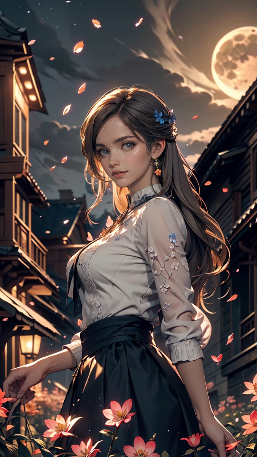 masterpiece, highest quality,, One girl, (colorful),(Beautifully detailed eyes and face),cinematic Lighting,Bust Shot,Highly detailed CG Unity 8k wallpaper,Gray Hair,alone,smile,Complex skirt,((Flying petals)),(Flowery meadow), null, cloudy_null, building, moonLight, moon, night, (Dark Theme:1.3), Light, Fantasy,,