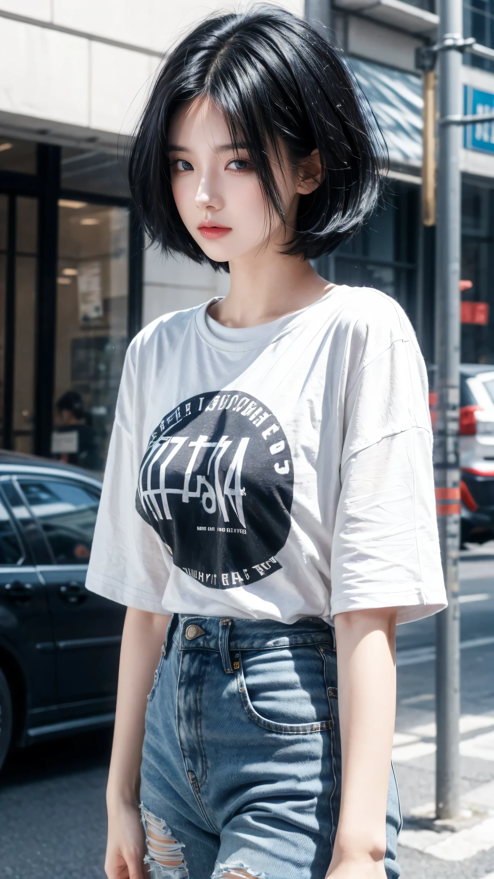 best quality, 1 Girl, dark blue hair, black eyes, Very short hair, Spiky hair, oversize t-shirt , High waist short jeans, 171 cm, Messy hair, Hair between the eyes, Medium breasts, full, Tomboy, aldult, 20 years old, 1 Girl
