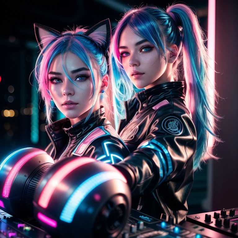 1-girl, extremely detailed CG,UHD wallpaper, Extreme details,(realistic:1.2),(((best quality))), ((ultra-detailed)), (cute detailed face:1.2), {{highly detailed face}},beautiful and aesthetic,1girl,(masterpiece:1.4),glowing skin, strong rim light, dramatic shadows, intense shadows, SIGMA 35mm F1.4, ISO 200 Shutter Speed 2000,Photorealism,{photorealistic}, photogenic, Illustration, Girl, detailed manga illustration, finely detailed, HIGH RES, Stunning art,{{intricate detail}},(((beautiful detailed lighting))),beautiful detailed colorful eyes, dynamic fuzziness, intricate light, detailed clothes, rouge, full-length photograph, cyberpunk, Cyborg, sci-fi, ,cyberpunk, fluorescence, hair up, hair over one eye, iridescent color hair, blue hair ,blue  eyes, matching blue cat ears, up on stage as a DJ hand on mixing board, energetic, powerful, smirking, sexy pose, sexy facial expression, having fun, wearing a shiny pink metal blouse top, blue hair in a pony tail, reflective sunglasses, hand behind hair, blue and pink gradient neon lighting in background,