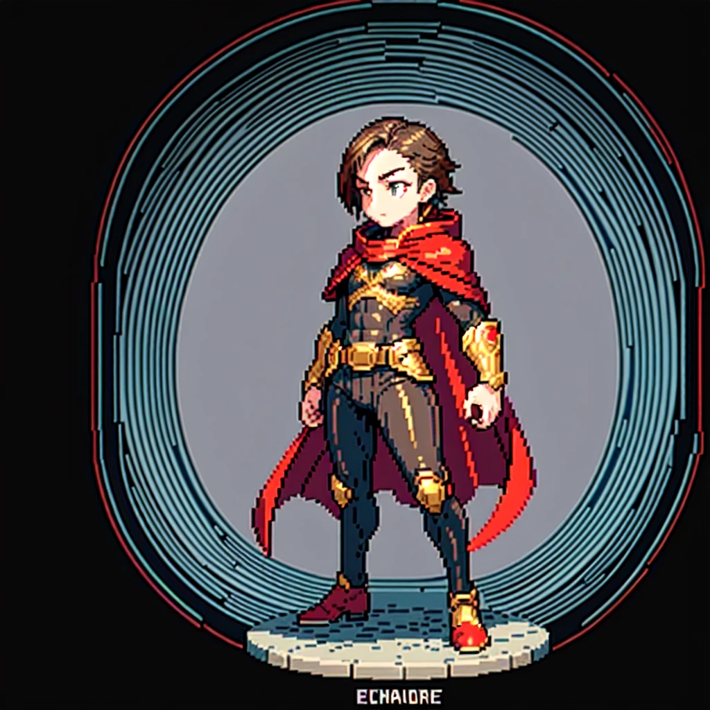 (masterpiece, top quality, best quality), pixel,pixel art,1man,mage,brown hair,black eyes,red cape,batle field,full body