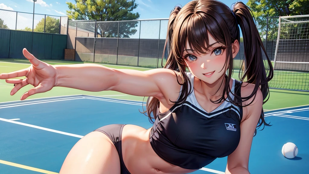 sksbrooke person, sksbrooke, (masterpiece:1.2), (best quality:1.2), perfect eyes, perfect face, 1girl, solo, brown eyes, (medium breasts), perky breasts, blue and black tennis uniform, tennis court background, smiling 