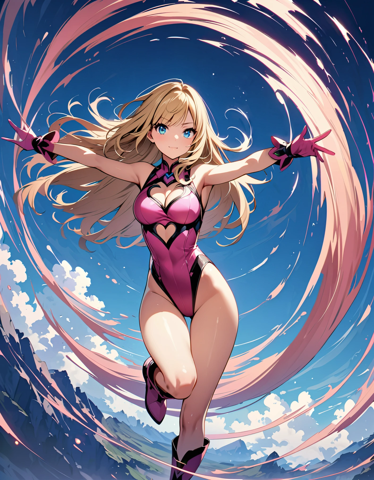 ((masterpiece)), ((best quality)), ((high res)), 1girl, solo, solo focus, (leotard, perfect leotard, pink leotard, sleeveless, bare legs), matching boots, looking at the viewer, blue sky backdrop, perfect hands, complete fingers, perfect anatomy, medium breasts, (blonde hair, long hair, mid-length hair, hair down, bangs), knee boots, blue eyes, beautiful detailed eyes, beautiful detailed face, cute face, (cleavage heart cutout), pink gloves, pink footwear, superhero, heroic, raised arms. She spins at an incredible speed, creating a whirlwind of air around her. She rotates her body in place at super speed. She spins fast in place like a tornado. Cyclone spinning. Rapid gyration. Tornado winds around her. She super-spins. Spiral lines around her body. Curved sword slash. Full body with costume.