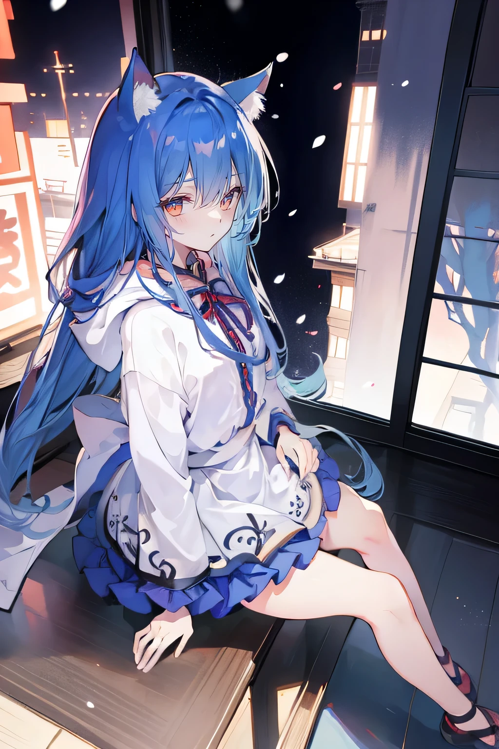 (masterpiece:1.2),Super detailed,lifelike,Expressive eyes,fair skin,perfect face shape,1 girl,
Japanese comics,Gorgeous blue hair,flowing blue hair,flowing clothes,Cat ears,Petals fall,beautiful lola,Baby Angel,sunrise,
Cross your legs,Gentle and peaceful background,The pavilion is cool and comfortable,smile, wearing hoodie, background of tokyo,back views,snowing, winter.