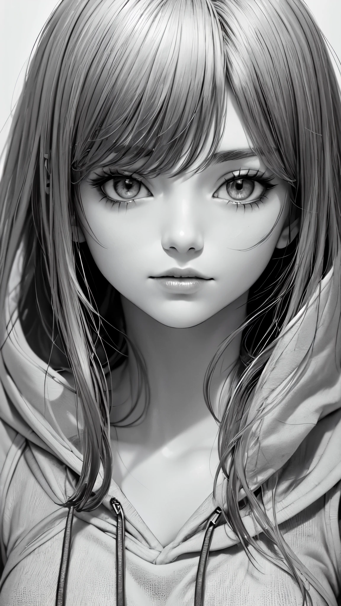 Top Quality, Masterpiece, High Resolution, 8k, Hoodie and Anime Style Girl, One Girl, Detailed Line Art, Bright White and Bright Amber Style, Digital Enhancement, Close Up, Anime Core, Flowing Fabric