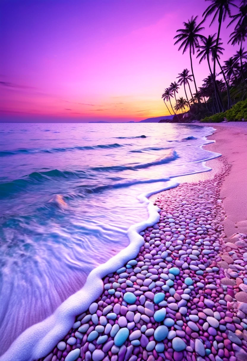 Purple and blue beach with pebbles and palm trees at sunset, Magical Beach, Breathtaking色彩, Gentle colors, beautiful色彩, soft Purpleの輝き, beautiful、dream-like、Breathtaking, with beautiful色彩, dream-like色彩, Amazing colors, beautifulカラフルな, Sunrise colors, Beautiful and vibrant colors, beautiful自然, Pastel Sunset, Vibrant pastel colors, Stunning colors, Purpleの輝き, Purple, Purple sunset