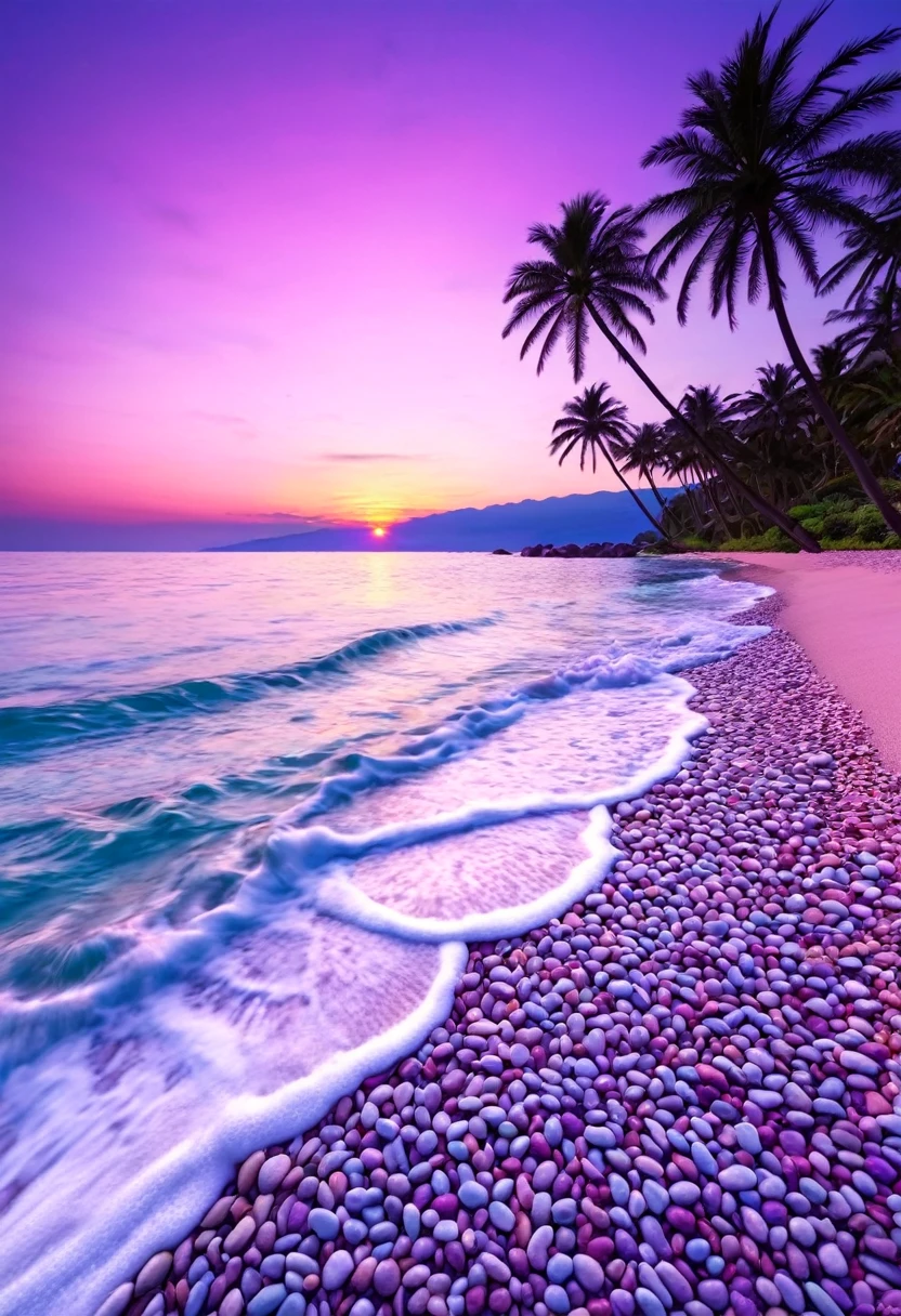 Purple and blue beach with pebbles and palm trees at sunset, Magical Beach, Breathtaking色彩, Gentle colors, beautiful色彩, soft Purpleの輝き, beautiful、dream-like、Breathtaking, with beautiful色彩, dream-like色彩, Amazing colors, beautifulカラフルな, Sunrise colors, Beautiful and vibrant colors, beautiful自然, Pastel Sunset, Vibrant pastel colors, Stunning colors, Purpleの輝き, Purple, Purple sunset