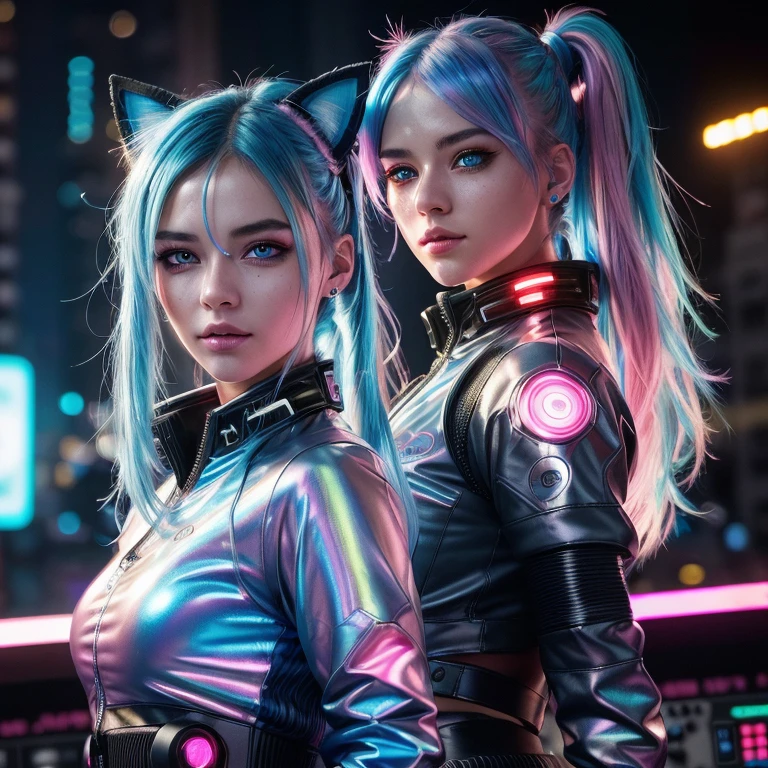 1-girl, extremely detailed CG,UHD wallpaper, Extreme details,(realistic:1.2),(((best quality))), ((ultra-detailed)), (cute detailed face:1.2), {{highly detailed face}},beautiful and aesthetic,1girl,(masterpiece:1.4),glowing skin, strong rim light, dramatic shadows, intense shadows, SIGMA 35mm F1.4, ISO 200 Shutter Speed 2000,Photorealism,{photorealistic}, photogenic, Illustration, Girl, detailed manga illustration, finely detailed, HIGH RES, Stunning art,{{intricate detail}},(((beautiful detailed lighting))),beautiful detailed colorful eyes, dynamic fuzziness, intricate light, detailed clothes, rouge, full-length photograph, cyberpunk, Cyborg, sci-fi, ,cyberpunk, fluorescence, hair up, hair over one eye, iridescent color hair, blue hair ,blue eyes, matching blue cat ears, up on stage as a DJ hand on mixing board, energetic, powerful, smirking, sexy pose, sexy facial expression, having fun, wearing a shiny pink metal blouse top, blue hair in a pony tail, reflective sunglasses, hand behind hair, blue and pink gradient neon lighting in background,
