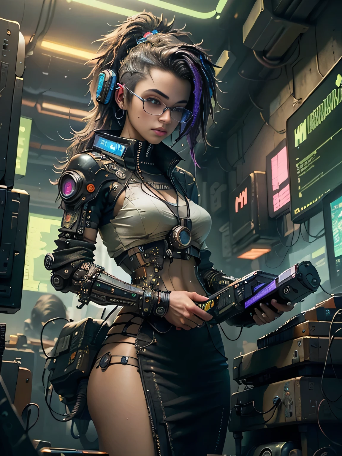 ((best quality)), ((masterpiece)), (Very detailed:1.3), 3D, fair (Cyberpunk:1.3) Bushy-haired hacker woman operating a computer terminal, National Foundation