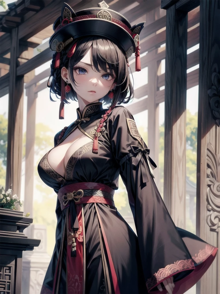 cemetery, dress, braid, chinese clothes, headwear, ofuda, jiangshi, qing guanmao, absurdres, RAW photo, extremely delicate and beautiful, masterpiece, Best Quality, ultra high resolution, 32k, hyperrealistic, ultra-detailed, detailed description, pale skin, 20 years old, tearful mole, earring, Colossal tits, short medium hair, wavy hair, whole body shot,