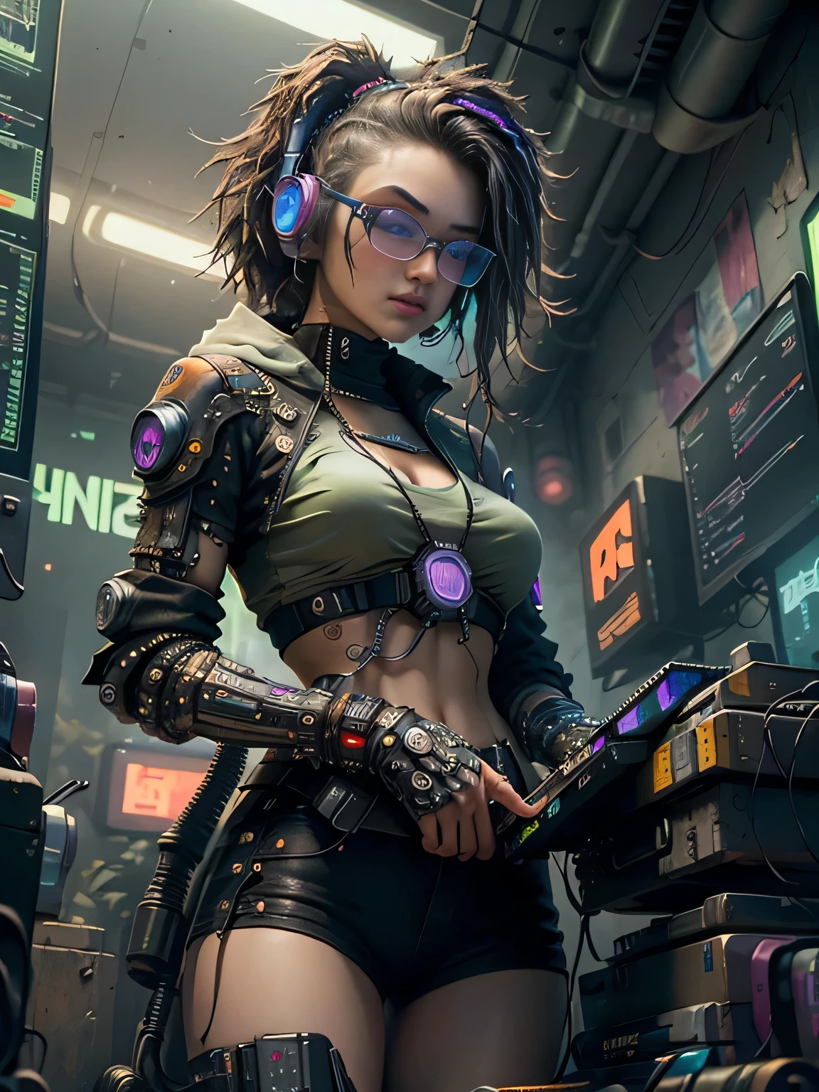 ((Best quality)), ((masterpiece)), (highly detailed:1.3), 3D, beautiful (cyberpunk:1.3) hacker woman with thick voluminous hair operating a computer terminal