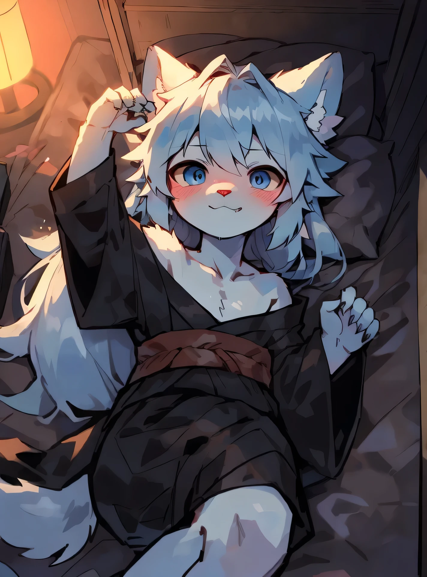 19:32:41 Expires in 13 days
(masterpiece, best quality:1.3), high resolution, Wolf,White hair,The fur on the arms and calves is a gradient sky blue,Sky blue eyes,Sky blue ear hair,Wearing a loose blue kimono,Show your shoulders,Lying in bed,Blushing on the face,Blurred eyes,White sheets in the background,White long hair,cute,facing the camera,Slight smirk,A thin stream of saliva hangs from the mouth,Male beasts too,Two ears,The room background is a retro Japanese style room,The time is night