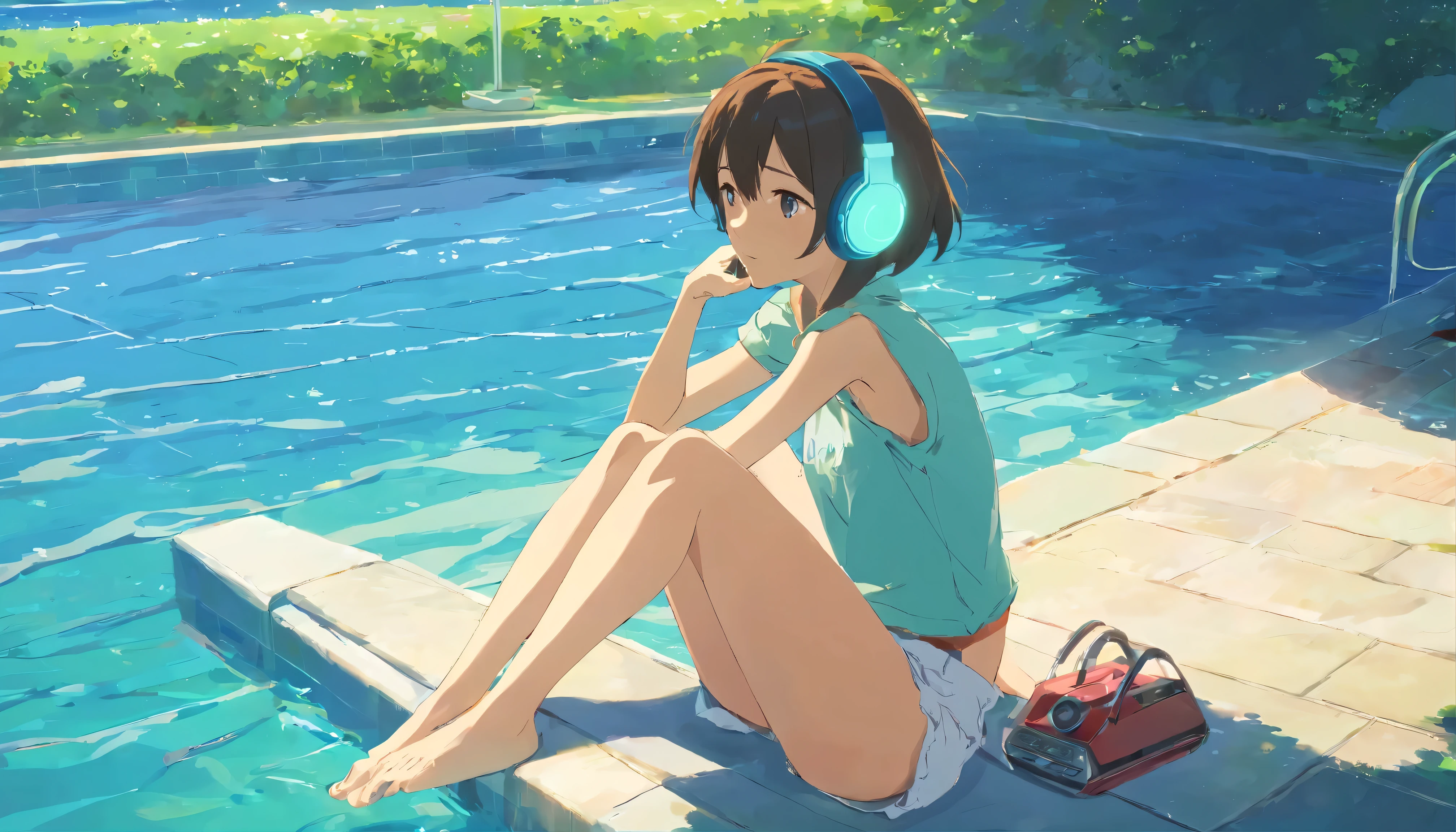 a girl sitting on the edge of the pool with both feet in the water listening to music with headphones on a beautiful sunny day

