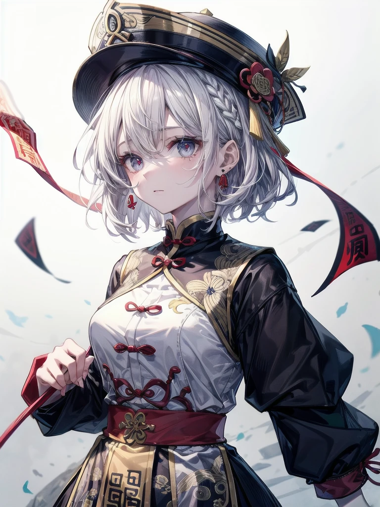 cemetery, dress, braid, chinese clothes, headwear, ofuda, jiangshi, qing guanmao, absurdres, RAW photo, extremely delicate and beautiful, masterpiece, Best Quality, ultra high resolution, 32k, hyperrealistic, ultra-detailed, detailed description, pale skin, 20 years old, tearful mole, earring, Colossal tits, short medium hair, wavy hair, whole body shot,