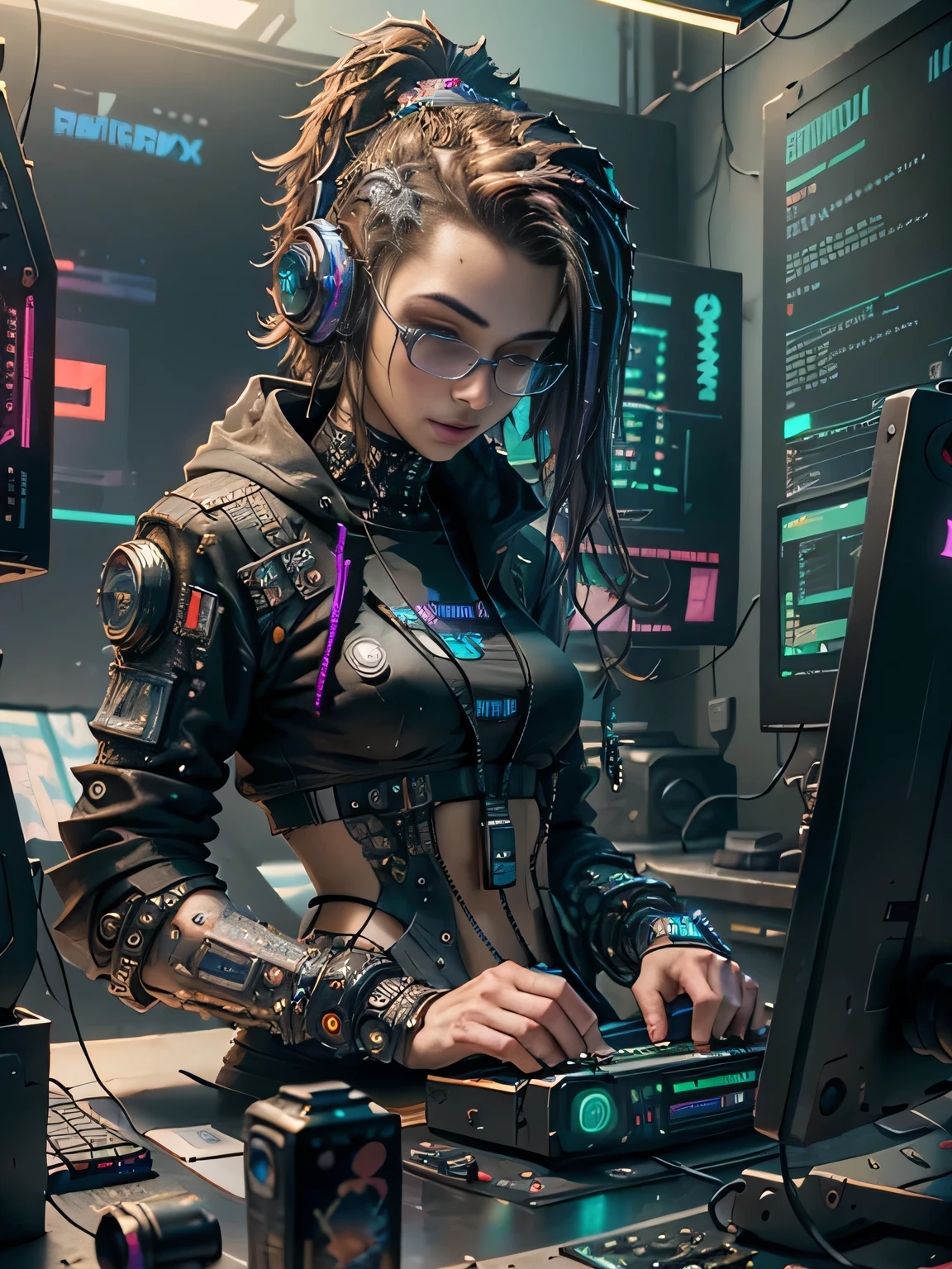 ((best quality)), ((masterpiece)), (Very detailed:1.3), 3D, fair (Cyberpunk:1.3) Bushy-haired hacker woman operating a computer terminal, National Foundation