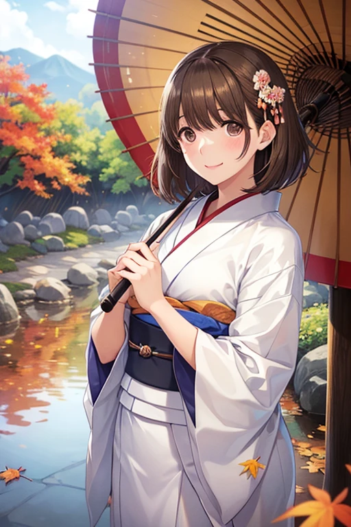1 Woman Standing, /(Colorful kimonos/),
Mature Woman, /(Shiny brown hair, short hair, Brown eyes、smile、Sparkling eyes, (Fine grain)、Ultra-detailed eyes、/) bangs, Blushing Smile, (Masterpiece of the highest quality:1.2) delicate illustration ultra-detailed break holding a (Japanese Umbrella) break /(Japanese shrine in Kyoto/), /(wood々 autumn leaves/), /(Brick road/)