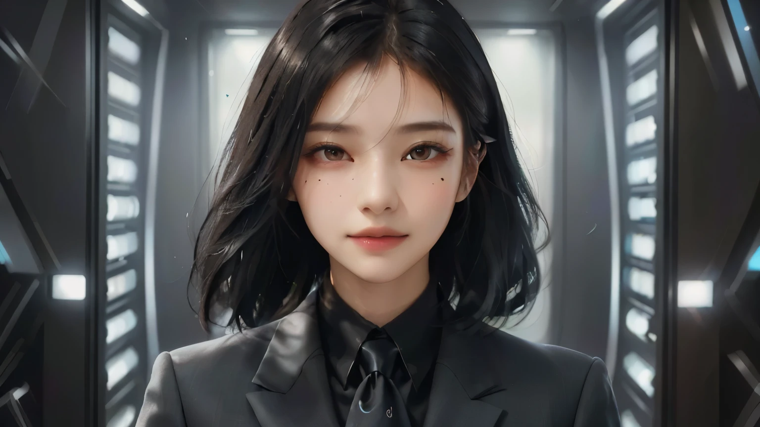Image of a woman in her fifties wearing a suit and tie in a room, Character Art Portraits, detailed Portraits, Epic portrait illustration, closeup Portraits, Portraits art, Cyberpunk girl with jet black hair, High-quality portraits, cgsociety portrait, Portrait character design, Girl in suit, digital character painting, Girl in suit, Character Design Portrait, Portraits