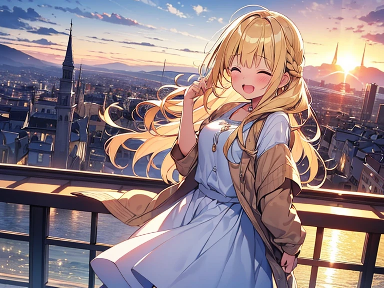 Masterpiece, Top quality, 1 beautiful girl, Blonde, medium Hair, Braided hair, wavy Hair, blunt bangs, silky hair, , standard weight, (cool clothes:1.5), (happy :1.4), blush, open mouth, closed eyes, dynamic pose, beautiful scene of town, from below, blurry background, magnificent panorama view, sunset