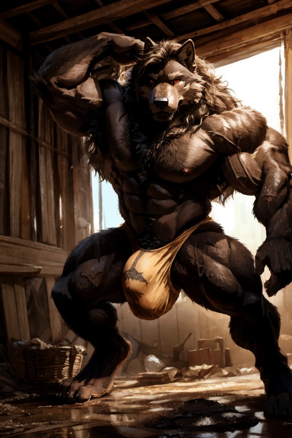 Fluffy brown wolf、very large amount of axillary hair,、Very large muscles all over the body、Upright pose、Arms out in front pose、muddy room、Sideways pose、Face facing up、Very distressed face、Hairless head、Sharp toenails、Full body wolf fur、Completely naked、非常に巨大に膨らんだ股間のBrown underwear、Abnormally large groin bulge、Brown underwear、Abnormally large muscles、Ruined Background、Slum background、Dilapidated wooden hut、Fluffy, long body hair、Long brown hair all over the body、Ruby-colored eyes、Very long and profuse armpit hair、Very long pubic hair、Navel hair、Wolf&#39;s Tail、A composition that captures the whole body、Thick and long tongue