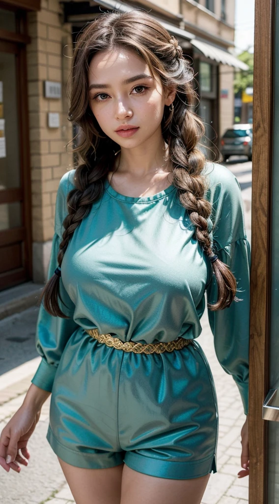 A busty woman in tight Andano shorts on the city streets and braided hair in a compound, elegant style is portrayed in a stunning scene. Your braided hair displays a variety of patterns and textures, demonstrating skill and art in creating the hairstyle.
The woman is portrayed with a confident posture, sorridente e orgulhosa, destacando sua beleza e autenticidade. Your facial features are distinct and expressive, reflecting your individuality and inner strength.
The scene is softly lit, highlighting the details of the braided hair and the beauty of the woman. Your presence is captivating, conveying a sense of grace and determination.
This depiction of a black woman with braided hair is a celebration of black culture and beauty., capturing the elegance and pride of a traditionally significant hairstyle. na rua na praca