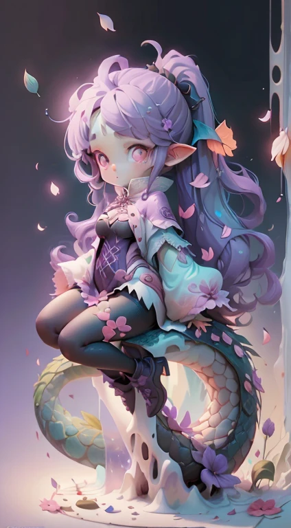 ((masterpiece, highest quality)), (Negative Space: 1.2), (1 girl, alone: 1.4), petal, Pink Eyes, Dragon Girl, length, Purple Hair, High Ponytail, Liquid Hair, Flowers, Dragon Background