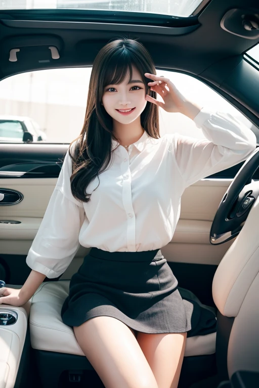 highest quality、One Girl、Cute face、smile、Inside the car、Sit in the passenger seat、camisole、mini skirt, Best lighting, Bright room, Refreshing atmosphere