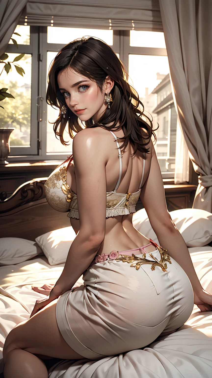highest quality, Highest Resolution, masterpiece, Super detailed, Beautiful woman, Black Hair, Long Hair, Golden Eyes, Pink Lips, indoor, Inside the room, sunlight, Bright light, Embarrassed look, Large Breasts, Big Hips, Big Ass, Flowing Hair, Lying in bed, whole body, Front view,