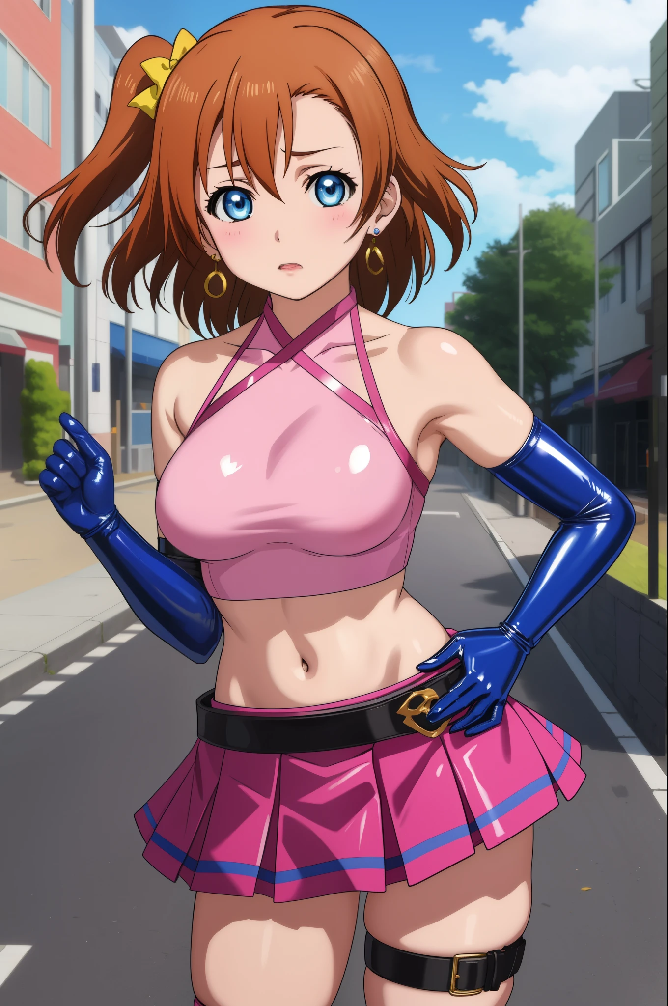 masterpiece, best quality,8k wallpaper, blue eyes,cowboy shot,kousaka honoka, (pink tight crop top), halter neck,breasts , elbow gloves, (pink latex skirt), in street , solo, (standing:0.8), earrings, posing , crotch ,thigh strap 