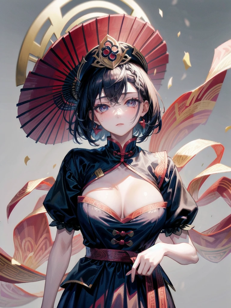 cemetery, dress, braid, chinese clothes, headwear, ofuda, jiangshi, qing guanmao, absurdres, RAW photo, extremely delicate and beautiful, masterpiece, Best Quality, ultra high resolution, 32k, hyperrealistic, ultra-detailed, detailed description, pale skin, 20 years old, tearful mole, earring, Colossal tits, short medium hair, wavy hair, whole body shot,