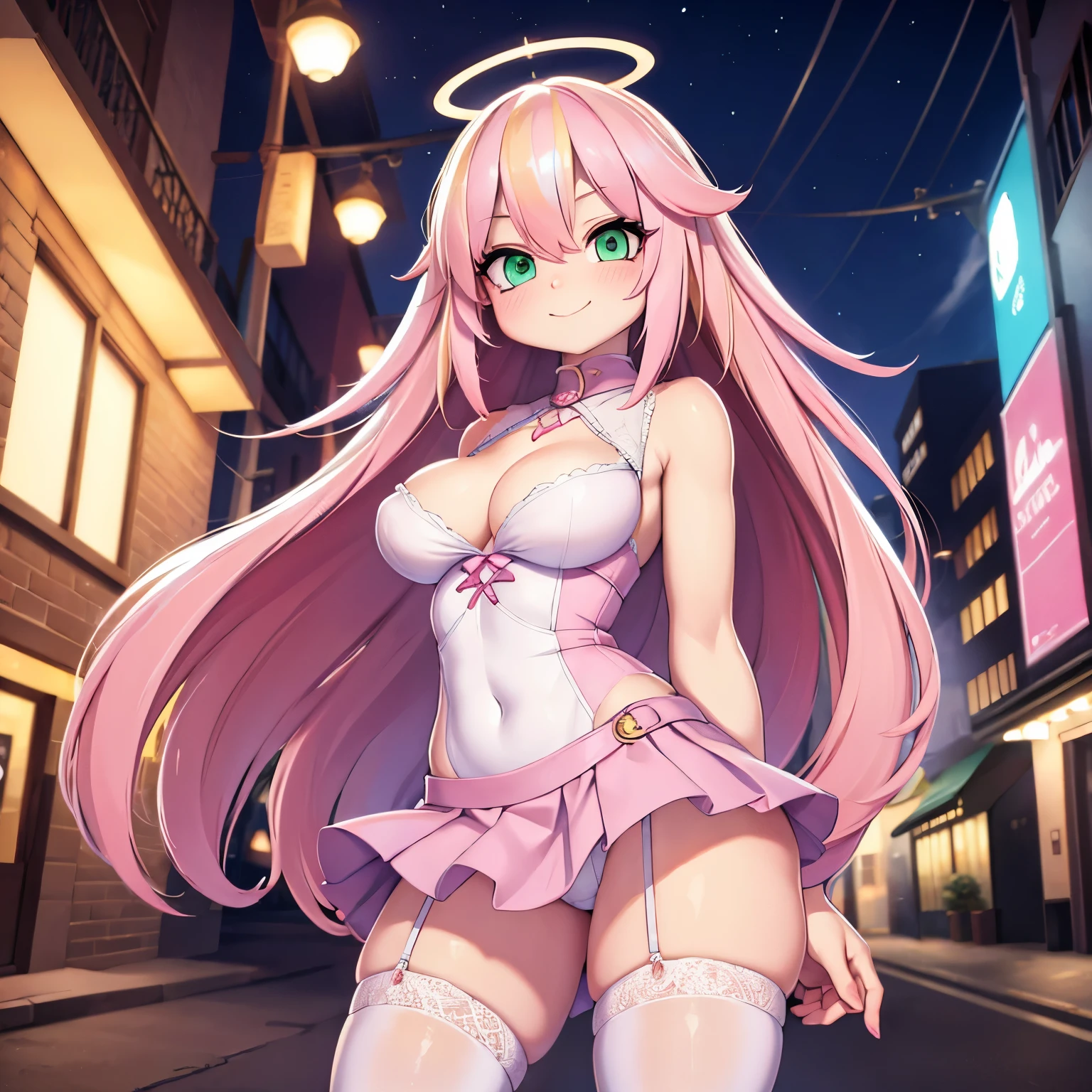 (street background scenario:1.4), bokeh, joyful smile, upskirt,
BREAK,
BREAK, (alchemist:1.4),
BREAK,
white sheer thigh-highs,
BREAK,
(masterpiece), best quality, 8k, expressive eyes, detailed face:1.4, Masterpiece, best quality, 8k, Professional Photography, Angel girl, detailed face, expressive eyes, (blonde hair:1.3), (pink highlights:1.5), very long hair, (iridescent halo:1.2), cleavage,
BREAK,
(petite body:1.3), (big breasts), green eyes,