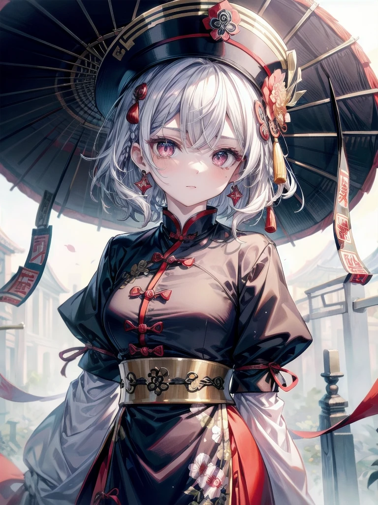 cemetery, dress, braid, chinese clothes, headwear, ofuda, jiangshi, qing guanmao, absurdres, RAW photo, extremely delicate and beautiful, masterpiece, Best Quality, ultra high resolution, 32k, hyperrealistic, ultra-detailed, detailed description, pale skin, 20 years old, tearful mole, earring, Colossal tits, short medium hair, wavy hair, whole body shot,