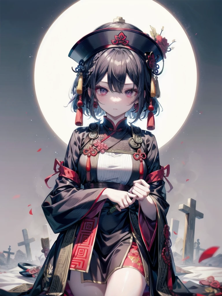 cemetery, dress, braid, chinese clothes, headwear, ofuda, jiangshi, qing guanmao, absurdres, RAW photo, extremely delicate and beautiful, masterpiece, Best Quality, ultra high resolution, 32k, hyperrealistic, ultra-detailed, detailed description, pale skin, 20 years old, tearful mole, earring, Colossal tits, short medium hair, wavy hair, whole body shot,