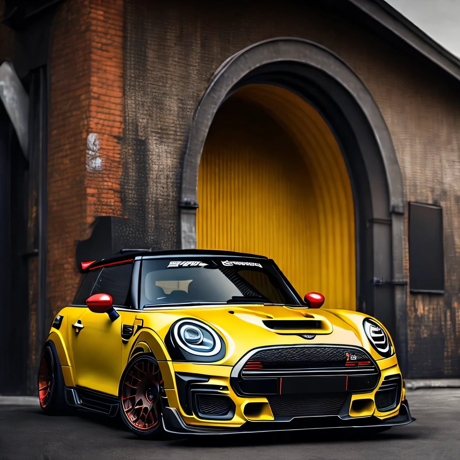 Artwork for t-shirt graphic design bright yellow coloured F56 Mini Cooper S in tunnel design impactful colourful paint highly detailed vibrant colours 8k, sharp high contrast high saturated ((carbon fibre, Liberty walk ultra wide body kit)), aggressive stance ((background: racetrack outside old industrial style building large windows in background heavy industrial look)), 8K quality realistic realism sharp detailed ultrawide black and carbon fibre and deep colour scheme front profile epic stance epic ultra wide body kit aggressive looks vector image with faded out backgrounds edges