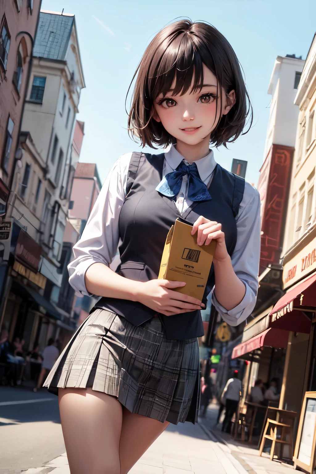 very cute and beautiful girl,(highly detailed beautiful face and eyes),
standing in city square,town street,detailed legs,office lady plaid vest,long sleeve white blouse,
(smile:1.2),blush,looking at viewer,holding bag,tight pleated black mini skirt,black hair,
(best quality,masterpiece),absurdres,highres,ultra-detailed,extremely detailed,32k,8k resolution,
intricate details,cinematic scene,detailed background,solo,dynamic angle,