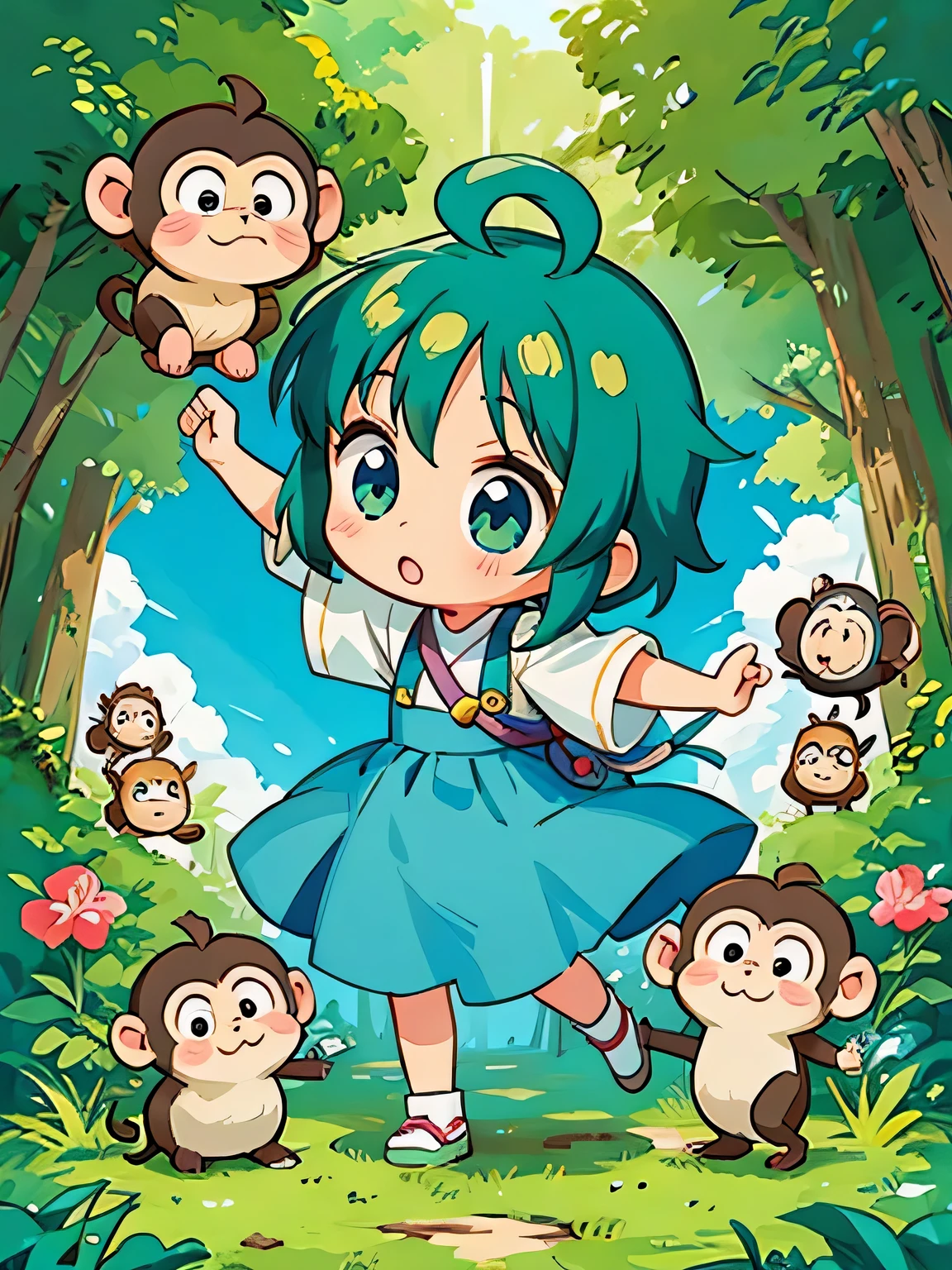 Fujio Akatsuka style, Kawaii Design, Chibi girl monkey, monkey Forest