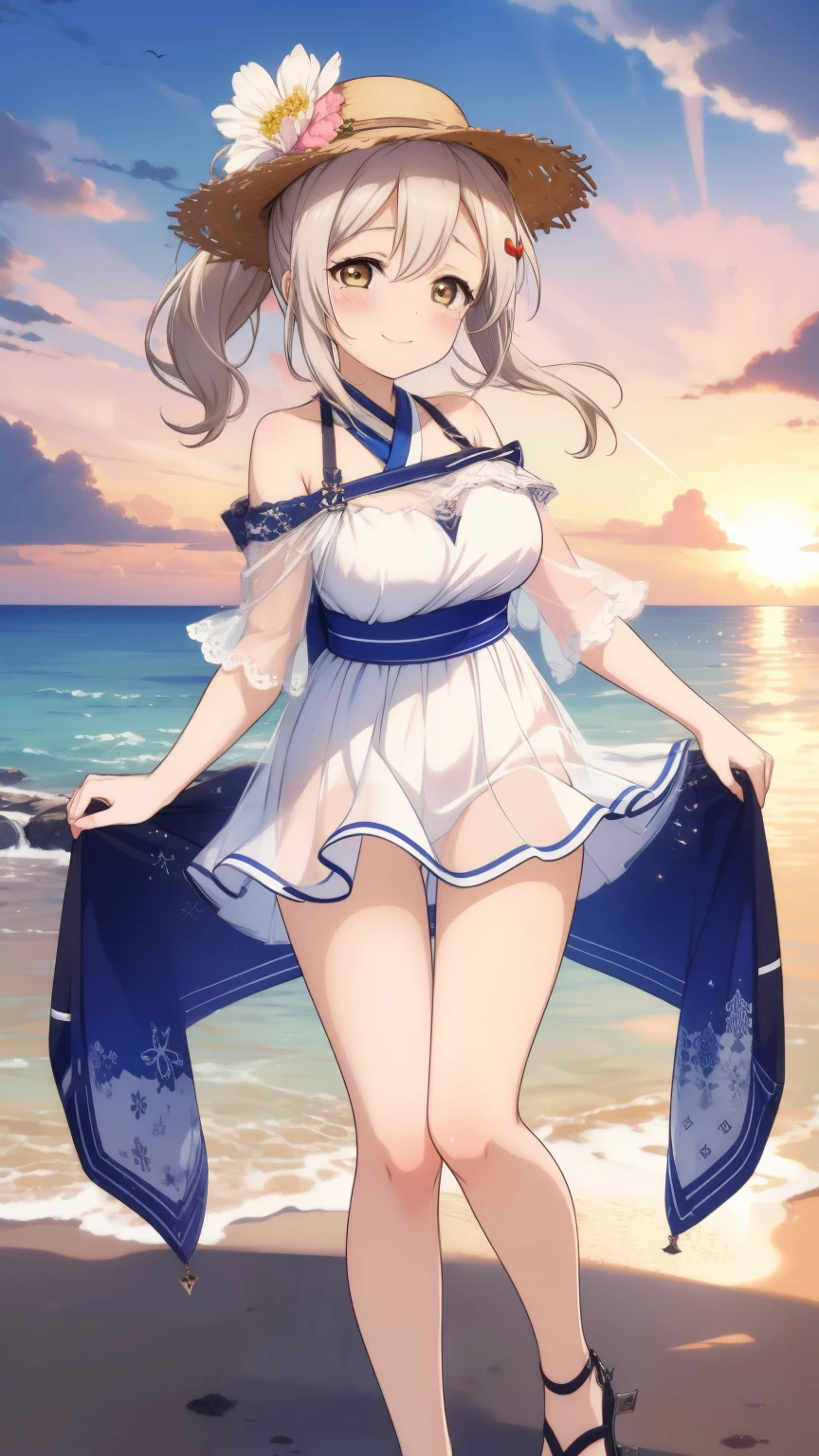 Azur Lane、ayanami、whole bodyポートレート、ponytail、High resolution、Big and ample breasts、Naughty body、See-through、throw、、whole body、Look up at me、A kind smile、Are crying、blush、White Skirt、Micro Mini Skirt、Very short skirt、Very large breasts、Show me your breasts、Straw hat、White Dress、Sandy Beach、sunset、Madder sky、sunset beach、Seaside、White Sandals、