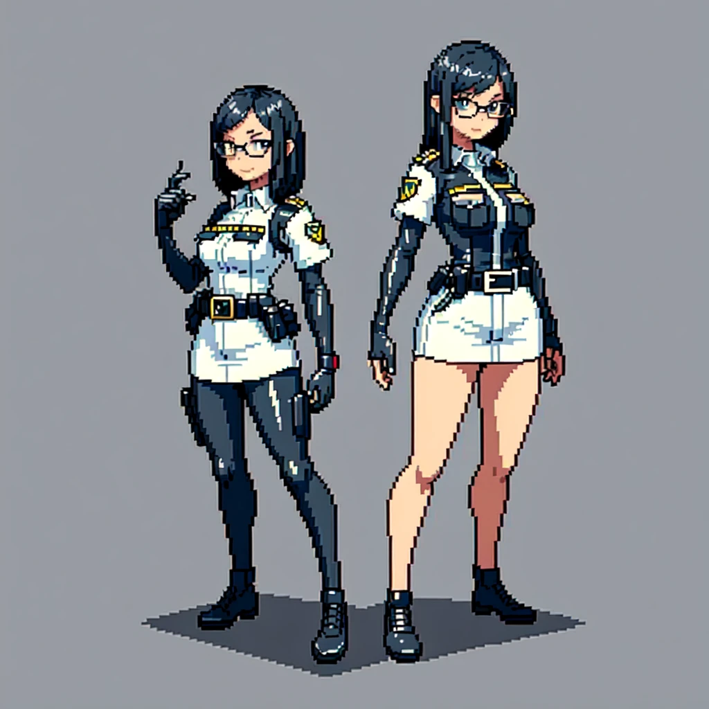 (masterpiece, top quality, best quality), pixel,pixel art,1women,police,black glasses,city,casing robber,full body