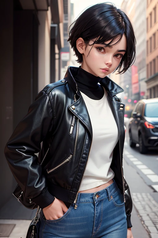 Masterpiece high quality high details realistic face ultra realistic face thin face tomboy girl with slender thin figure and short dark black hair till neck wearing black turtle neck and jeans and jacket
