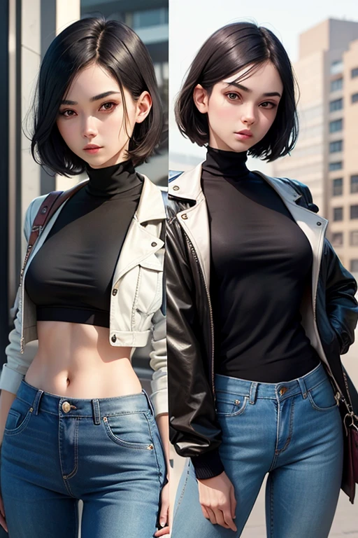Masterpiece high quality high details realistic face ultra realistic face thin face tomboy girl with slender thin figure and short dark black hair till neck wearing black turtle neck and jeans and jacket