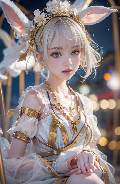 18-year-old, Wide-angle lens, Woman in ancient Greek costume、Woman enjoying merry-go-round at night,Shoulder out、thin、Serious expression、Short-haired、Deadly position, Gorgeous Necklace, Light milky porcelain skin, Smooth, Translucent white skin, Enchanting anime girl, Beautiful and seductive anime woman, Ultra realistic sweet bunny ears girl, Pale porcelain white skin, Smooth, Realistic and perfect body, Anime Girl Cosplay, Perfect body with realistic shadows, Switzerland&#39;Masterpiece, real white bunnies around 