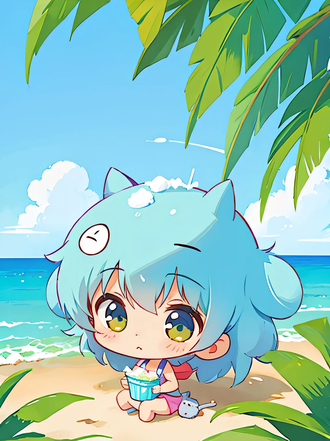 Hayao Miyazaki style, Kawaii Design, The most beautiful girl of all time、Chibi, making a fuss、Cute Totoro, beach, summer, Swimwear, shaved ice,