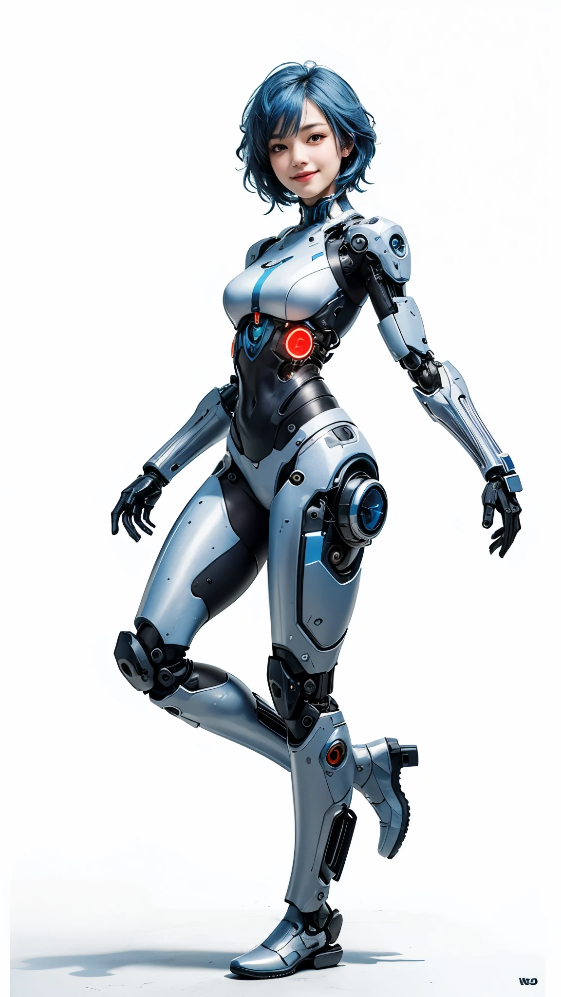 1 girl, sole female, smiling, short blue hair, cyborg, mechanical body, full body, white body parts, white background, extremely realistic face