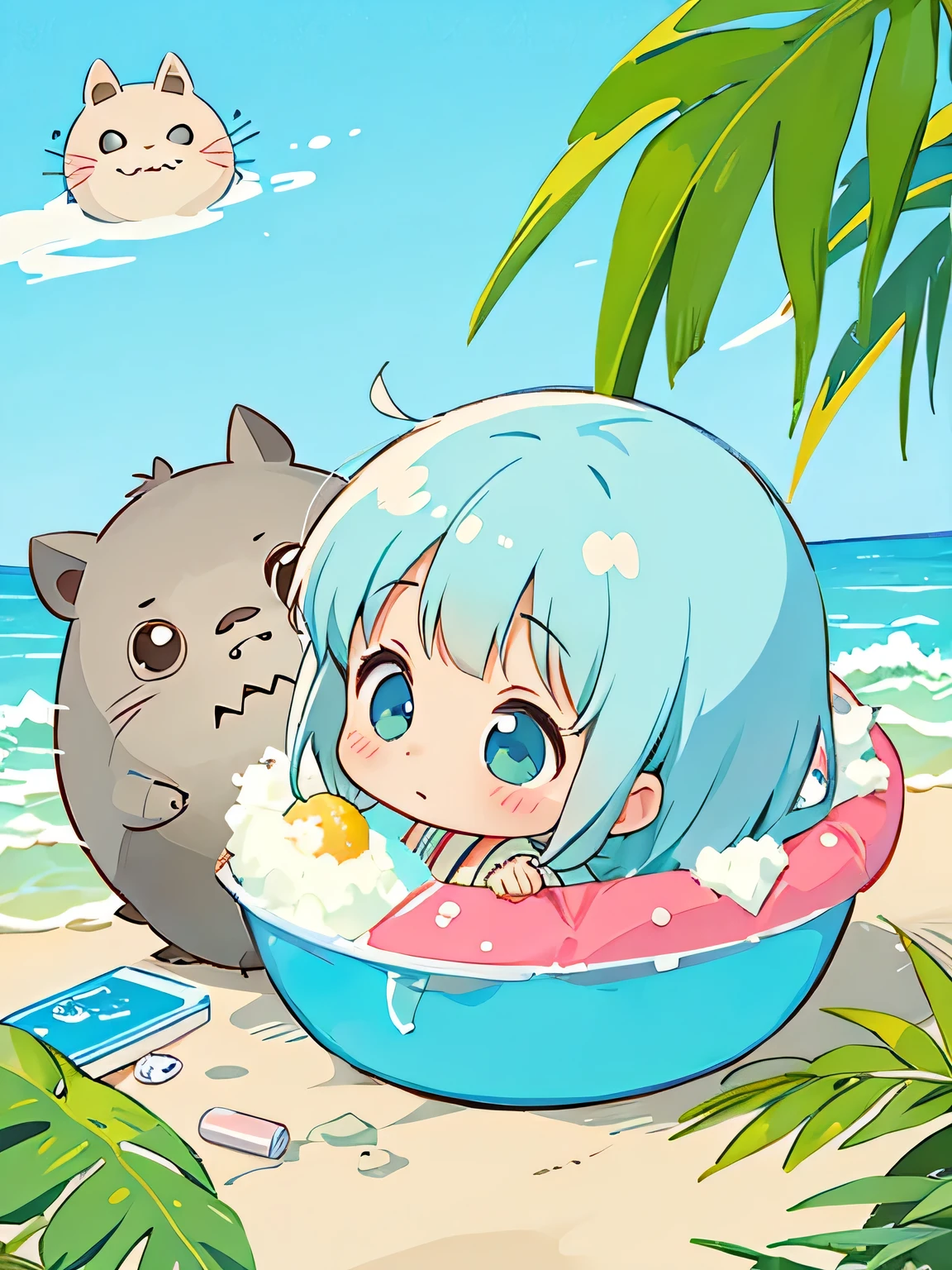 Hayao Miyazaki style, Kawaii Design, The most beautiful girl of all time、Chibi, making a fuss、Cute Totoro, beach, summer, Swimwear, shaved ice,