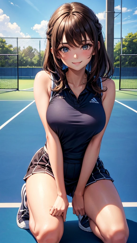 sksbrooke person, sksbrooke, (masterpiece:1.2), (best quality:1.2), perfect eyes, perfect face, 1girl, solo, brown eyes, (medium breasts), perky breasts, blue and black tennis uniform and shirt, tennis court background, smiling, kneeling