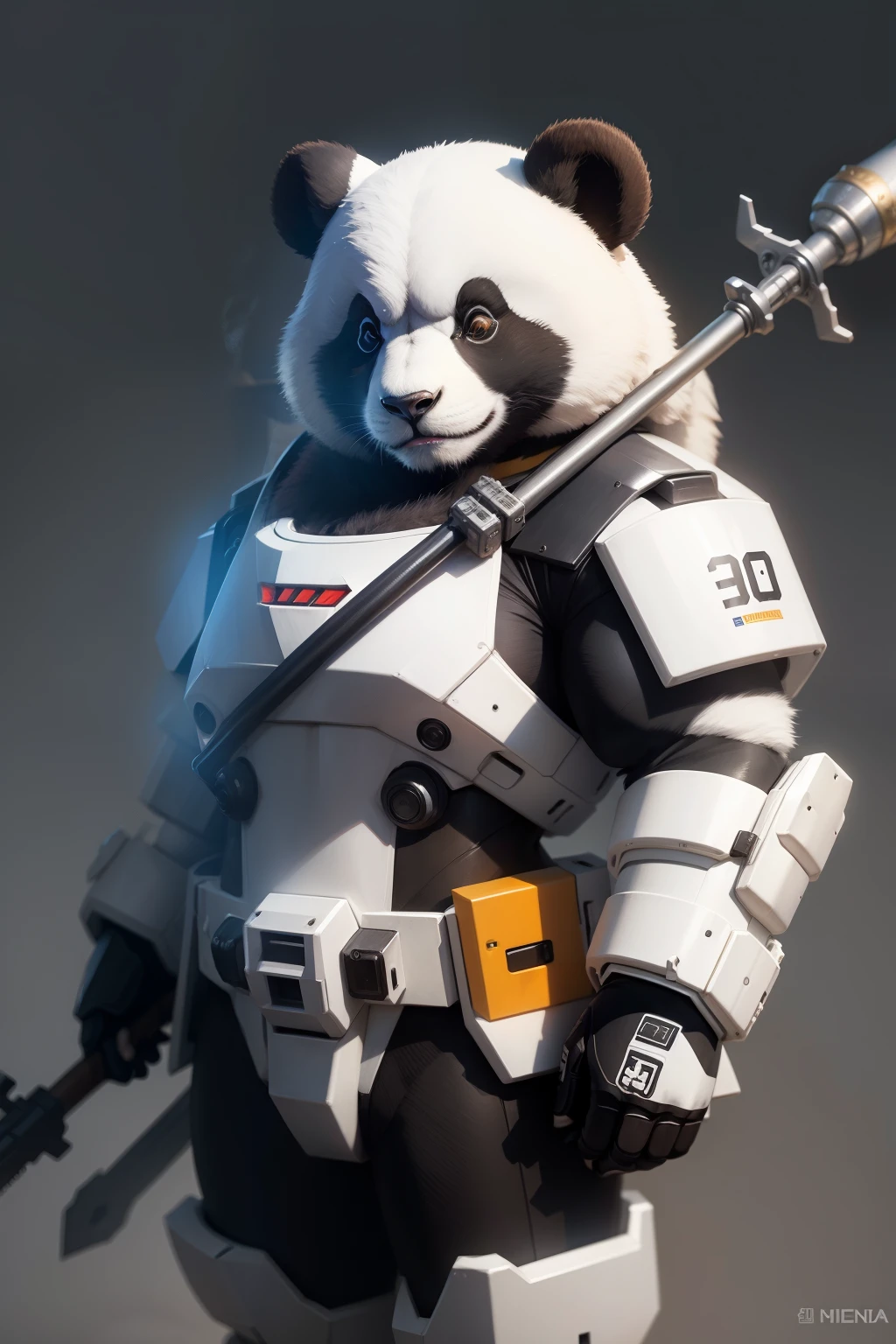mechs, panda white theme. Holding spear