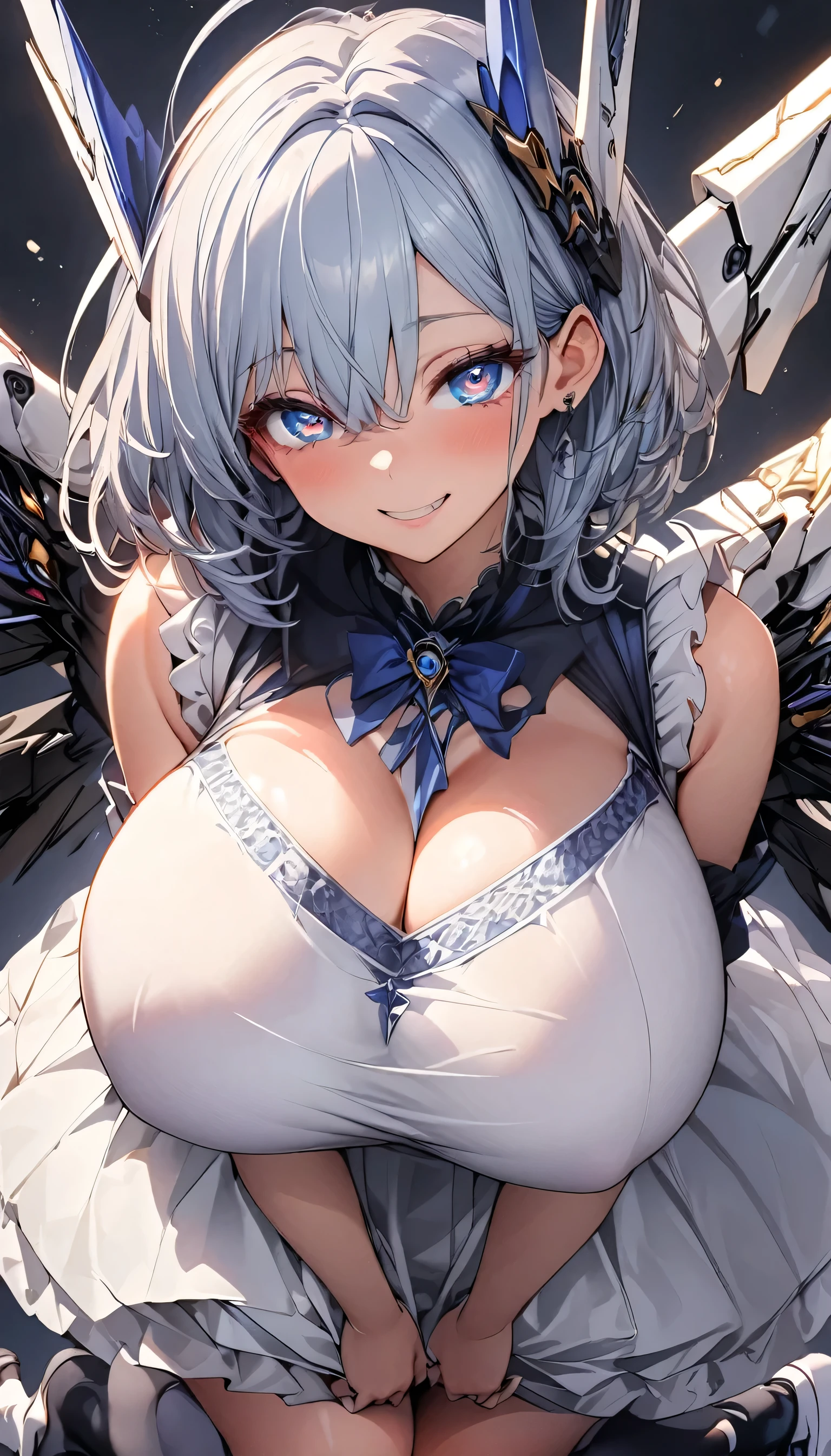 masterpiece, best quality, extremely detailed, high resolution, Japanese anime,1girl, light blue hair, (short length hair:1.5), wavy hair, mechanical wing, (blue eyes:1.5), (beautiful detailed eyes:1.4), laugh, 130cm tall, (huge breasts:1.5), original character, fantasy, (black background:1.1), (full body:1.8), beautiful fingers, standing, (blue black White lace frill dress:1.5), (headgear:1.5) , shoot from front, looking at viewer