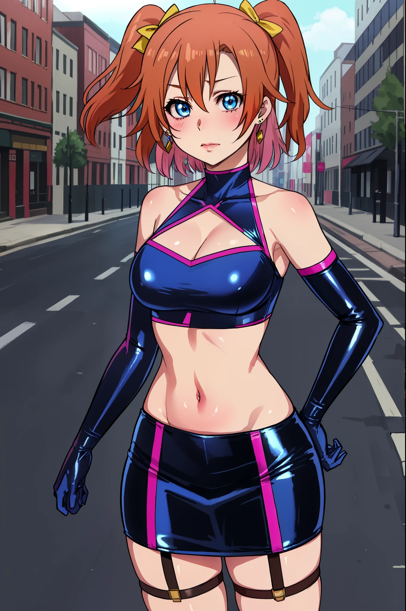 masterpiece, best quality,8k wallpaper, blue eyes,cowboy shot,kousaka honoka, (pink tight crop top), halter neck,breasts , elbow gloves, (pink latex skirt), in street , solo, (standing:0.8), earrings, posing , crotch ,thigh strap 